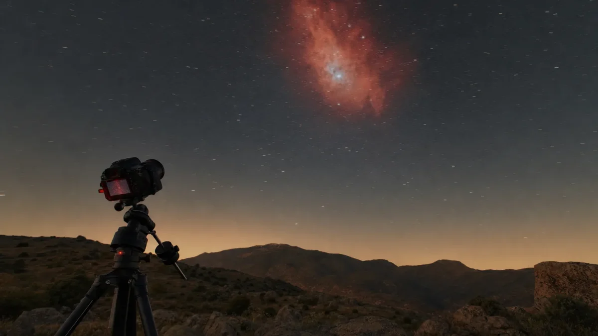 Camera su montatura inseguitrice sotto il cielo stellato