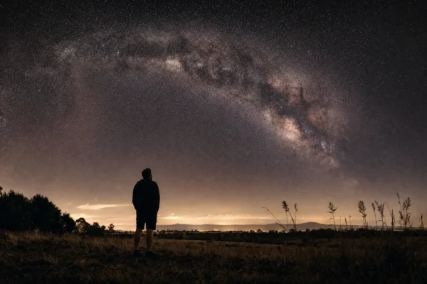 Osservatore sotto un cielo stellato con la Via Lattea