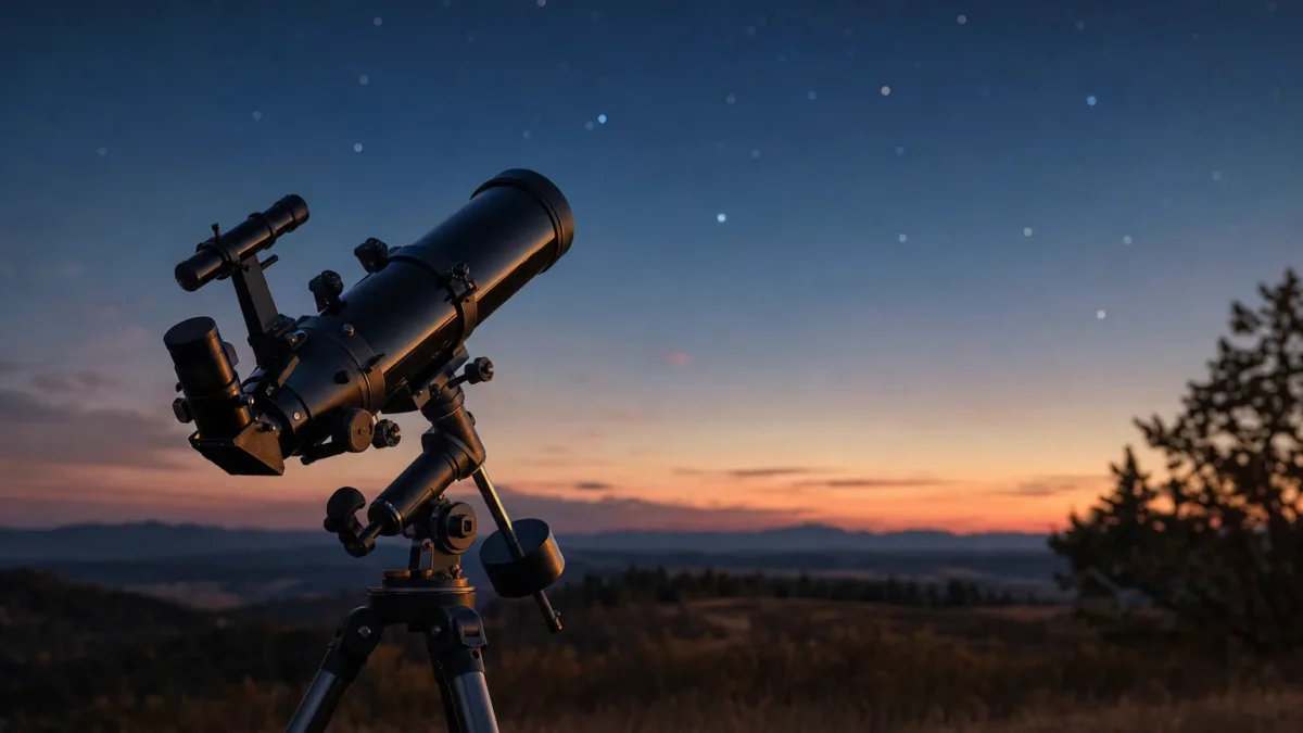 Telescopio riflettore su treppiede al crepuscolo