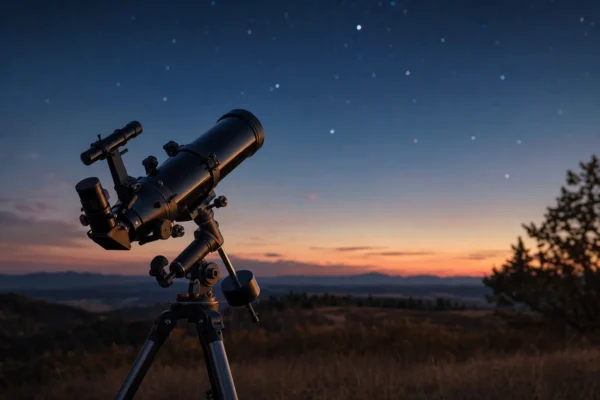 Telescopio riflettore su treppiede al crepuscolo